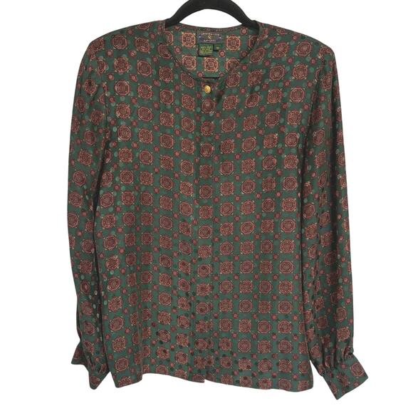 Vintage Silk Old Money Hunter Green Maroon Country Club Blouse Size 10 - Picture 1 of 8